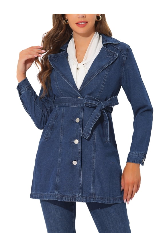 Juniors Notched Lapel Long Sleeves Button Belted Long Denim Jacket