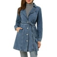 thumbnail image 1 of MODA NOVA Juniors Notched Lapel Long Sleeves Button Belted Long Denim Jacket, 1 of 7