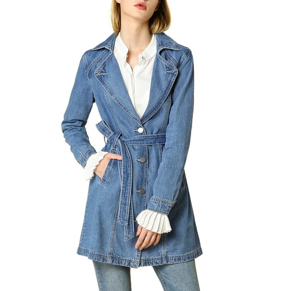 MODA NOVA Juniors Notched Lapel Long Sleeves Button Belted Long Denim Jacket
