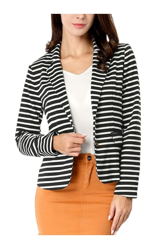 Juniors Notched Lapel Long Sleeves Button Striped Blazer