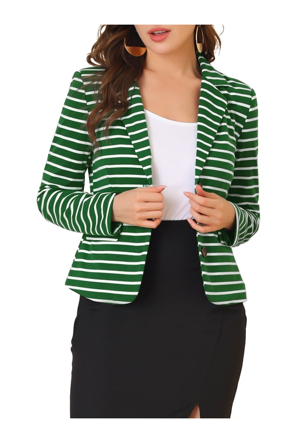 Juniors Notched Lapel Long Sleeves Button Striped Blazer