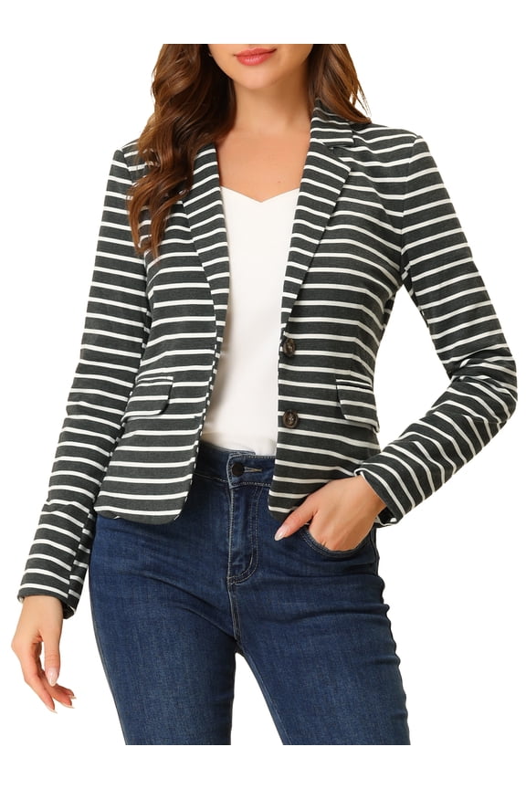 Juniors Notched Lapel Long Sleeves Button Striped Blazer