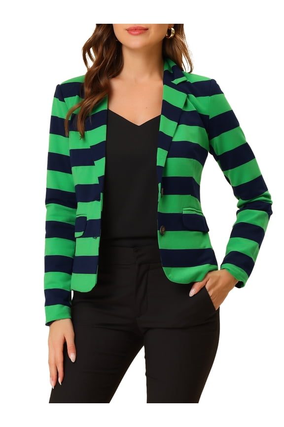 Juniors Notched Lapel Long Sleeves Button Striped Blazer