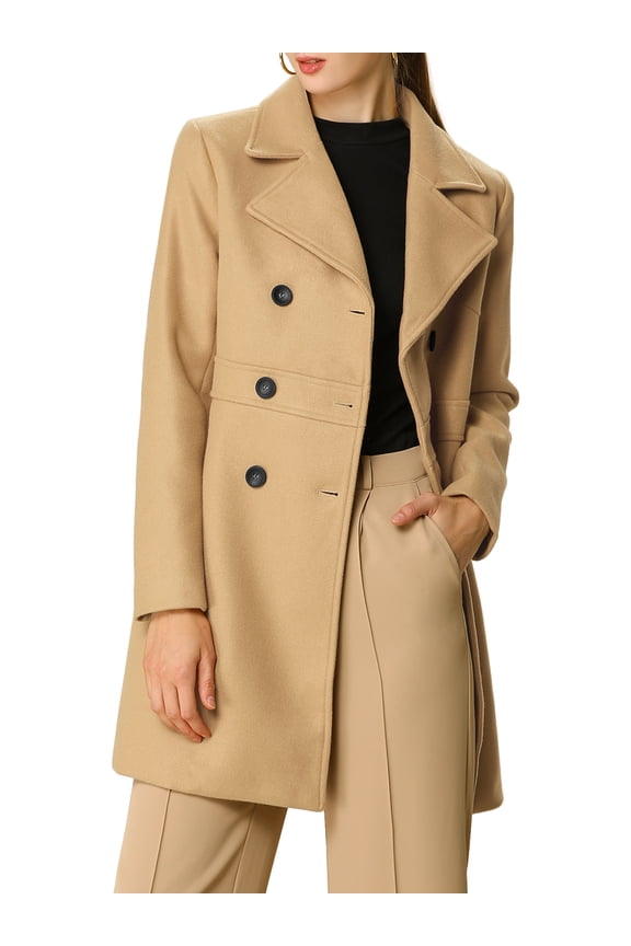 Juniors Notched Lapel Long Sleeves Double Breasted Mid-Lentgh Overcoat