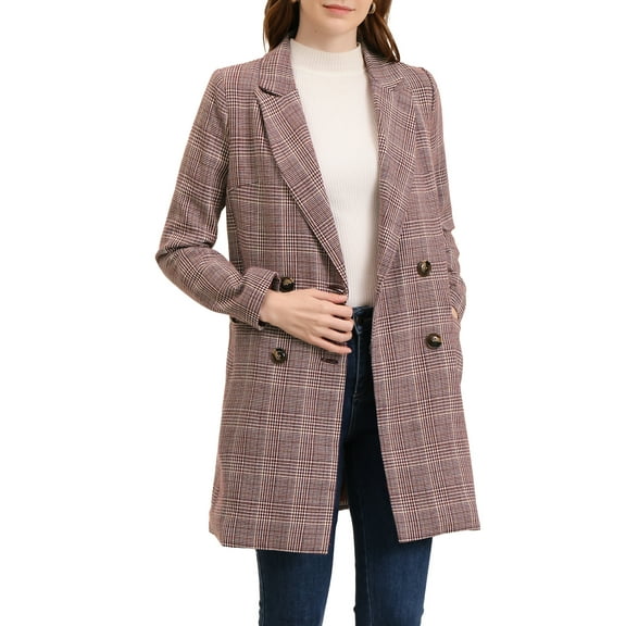 MODA NOVA Juniors Notched Lapel Long Sleeves Double Breasted Plaid Blazer