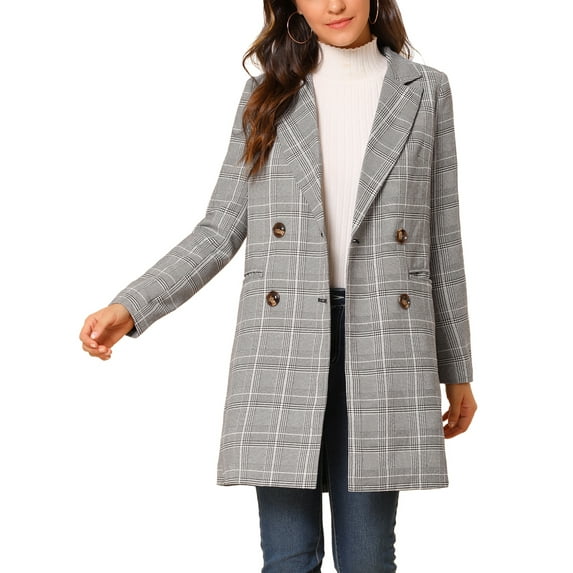 MODA NOVA Juniors Notched Lapel Long Sleeves Double Breasted Plaid Blazer