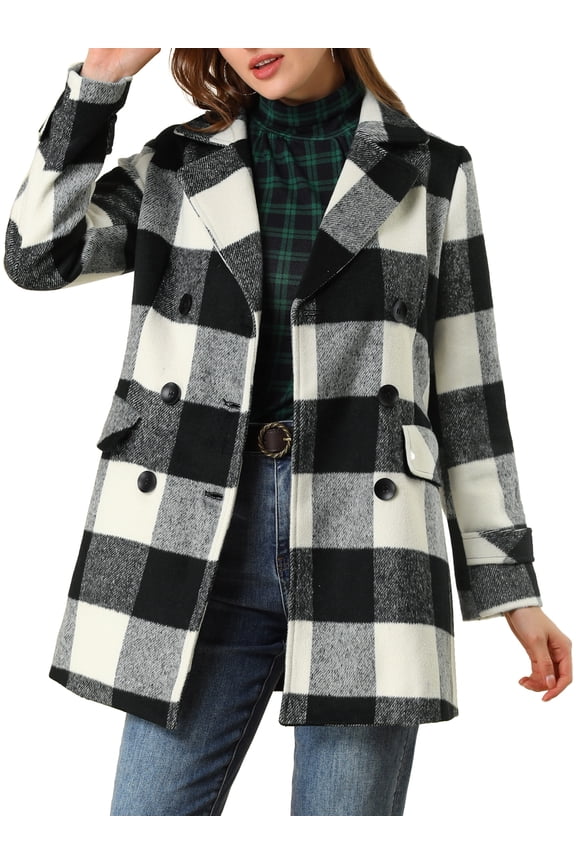 Juniors Notched Lapel Long Sleeves Double Breasted Plaids Overcoat Black White S