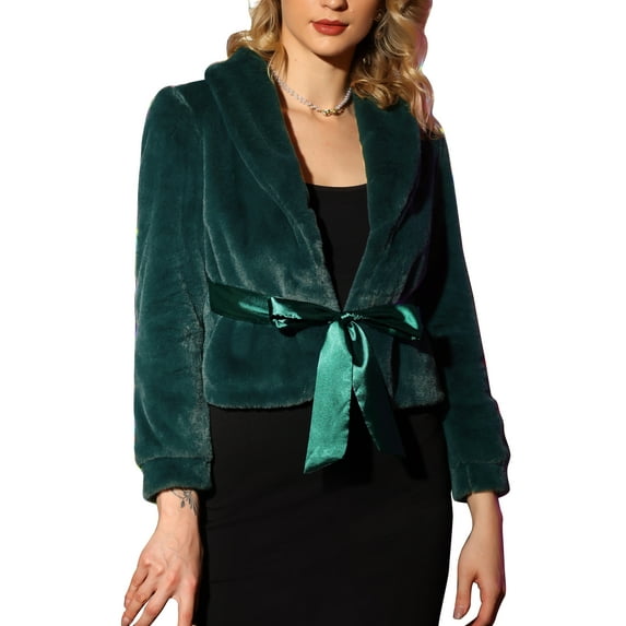 MODA NOVA Juniors Notched Lapel Long Sleeves Open Front Fleece Cropped Coat Green M