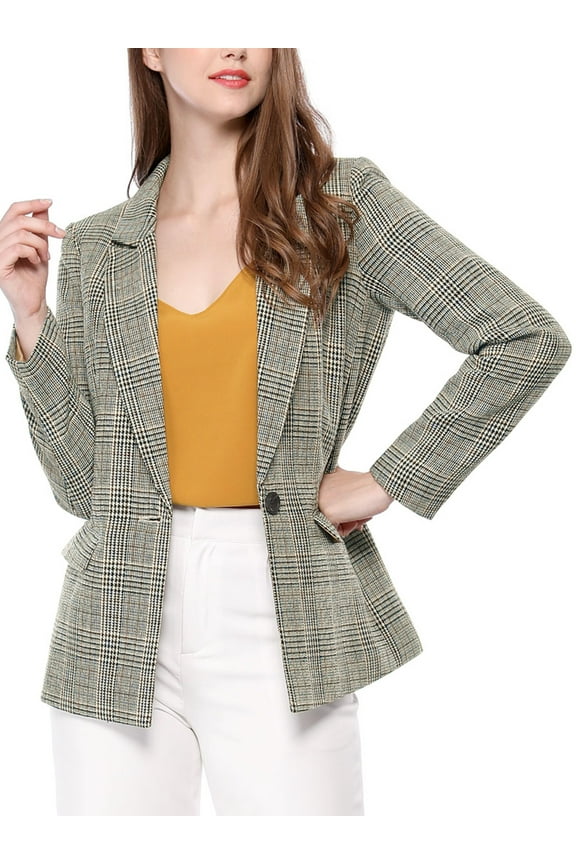 Juniors Notched Lapel One Button Hip Length Houndstooth Blazer