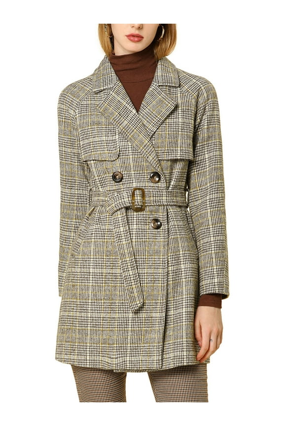 Juniors Notched Lapel Raglan Long Sleeves Houndstooth Trenchcoat Brown M