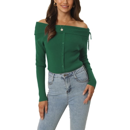 MODA NOVA Juniors Off Shoulder Ribbed Knit Casual Long Sleeve Solid Sweater Pullover Top