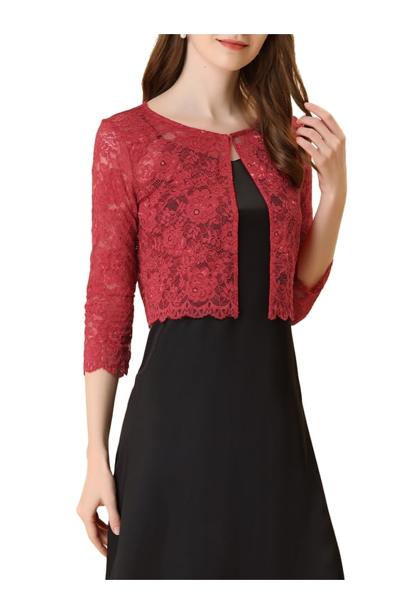 Juniors Open Front 3/4 Sleeve Sheer Floral Lace Cropped Shrug Cardigan Red S
