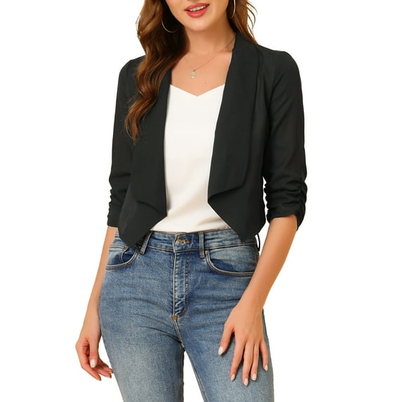 MODA NOVA Juniors Open Front Shawl Lapel 3/4 Ruched Sleeves Chiffon Crop Blazer