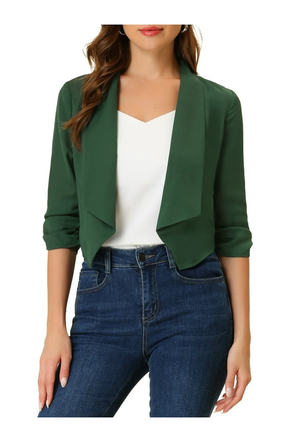 Juniors Open Front Shawl Lapel 3/4 Ruched Sleeves Chiffon Crop Blazer