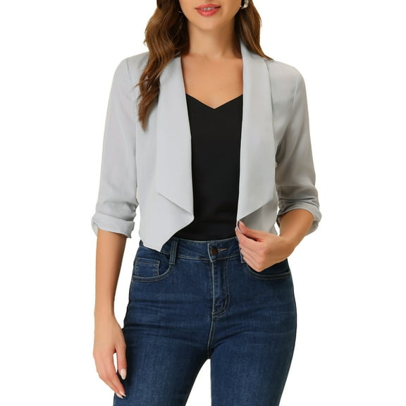 MODA NOVA Juniors Open Front Shawl Lapel 3/4 Ruched Sleeves Chiffon Crop Blazer
