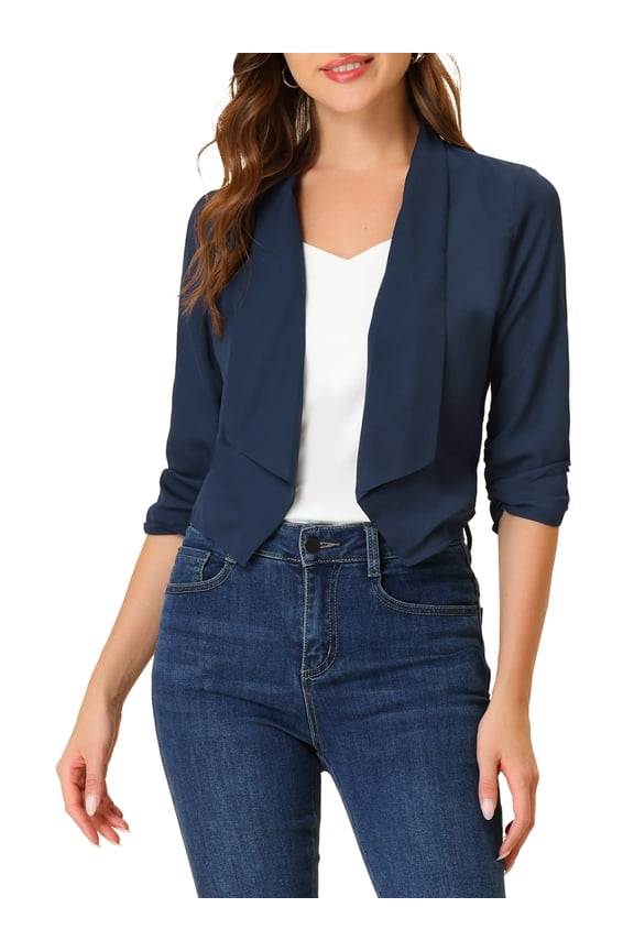 Juniors Open Front Shawl Lapel 3/4 Ruched Sleeves Chiffon Crop Blazer
