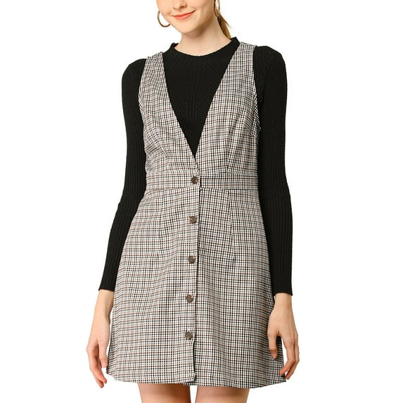 MODA NOVA Juniors Overall Suspender Check Houndstooth Pinafore Dress