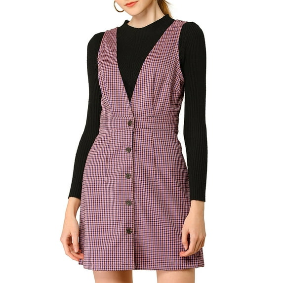 MODA NOVA Juniors Overall Suspender Check Houndstooth Pinafore Dress