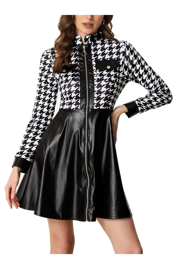 Juniors PU Houndstooth Patchwork Zipper Up Leather Slim Fit Cocktail Dress S Black