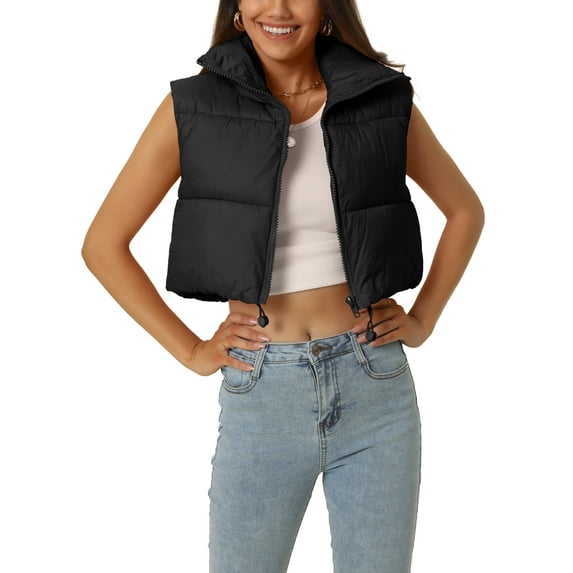 MODA NOVA Juniors Padded Vest High Stand Collar Lightweight Zip Crop Jacket Puffer Vest