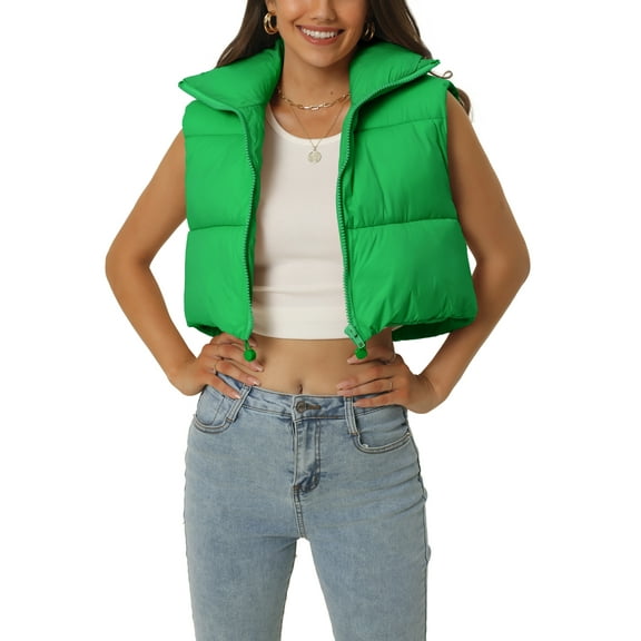 INSPIRE CHIC Women's Padded Vest High Stand Collar Lightweight Zip Crop Jacket Puffer Vest M Green