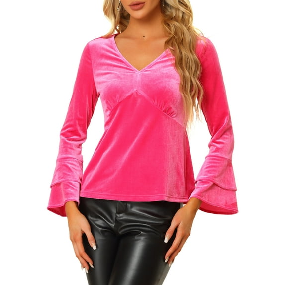 MODA NOVA Juniors Party V Neck Flare Long Sleeve Velvet Peplum Blouse