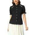 thumbnail image 1 of MODA NOVA Juniors Peter Pan Collar Blouse Contrast Trim Puff Short Sleeve Button Down Shirt, 1 of 6