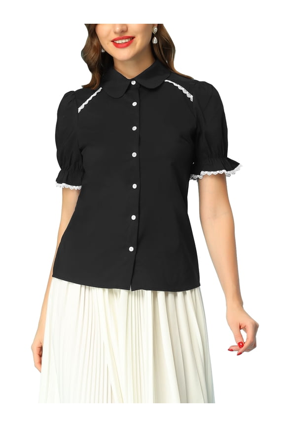 Juniors Peter Pan Collar Blouse Contrast Trim Puff Short Sleeve Button Down Shirt