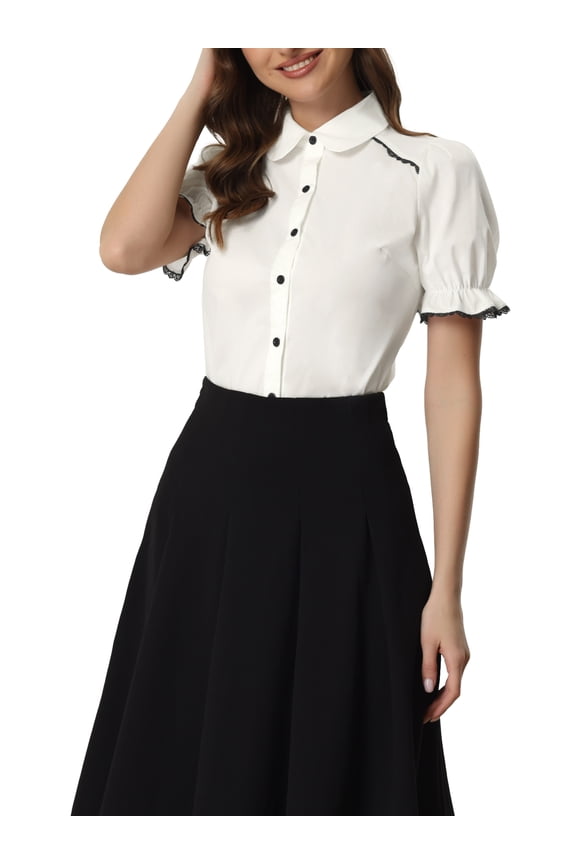 Juniors Peter Pan Collar Blouse Contrast Trim Puff Short Sleeve Button Down Shirt