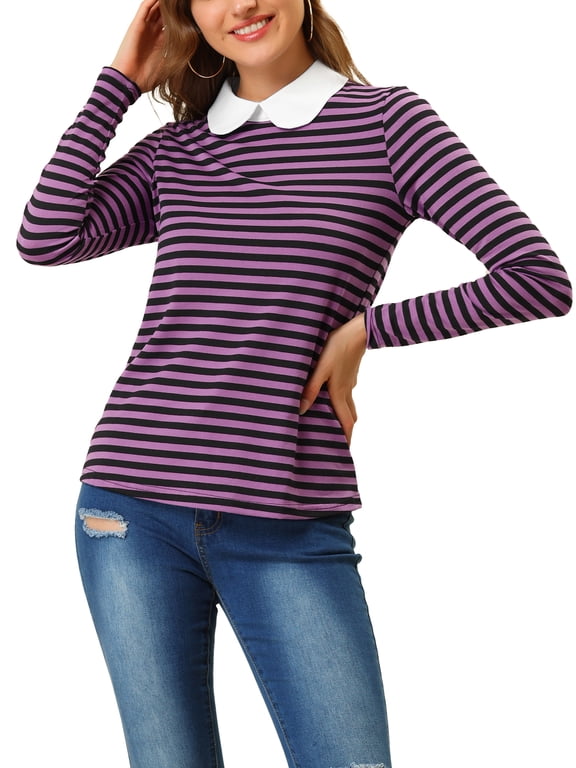 Juniors Peter Pan Collar Long Sleeves Contrast Striped Blouse