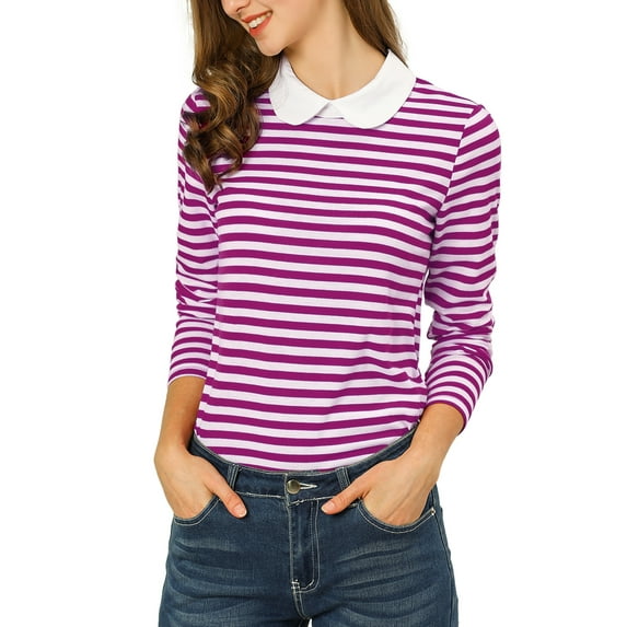 MODA NOVA Juniors Peter Pan Collar Long Sleeves Contrast Striped Blouse