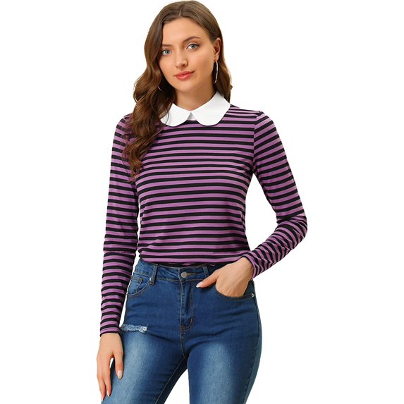 Allegra K Women's Contrast Collar Long Sleeves Peter Pan Collar Striped Blouse Top Medium Purple Black