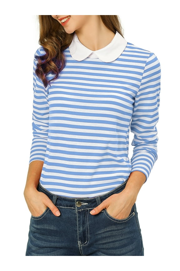 Juniors Peter Pan Collar Long Sleeves Contrast Striped Blouse