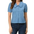 thumbnail image 1 of MODA NOVA Juniors Peter Pan Collar Puff Short Sleeve Button Chambray Shirt Light Blue S, 1 of 5
