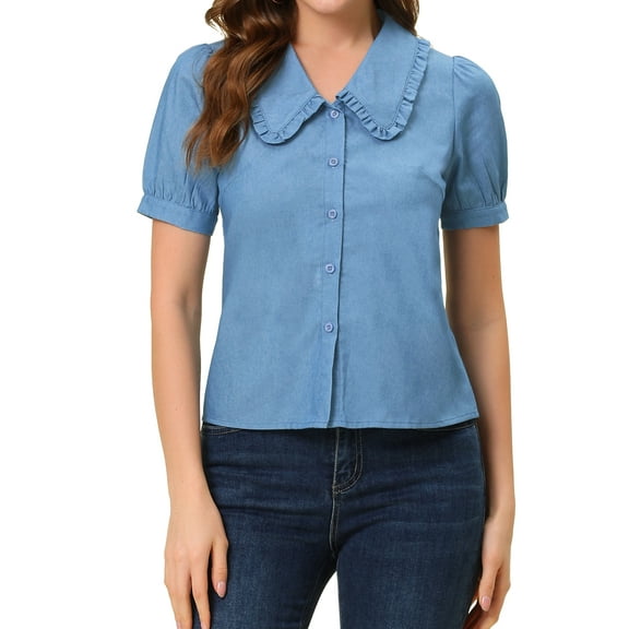 MODA NOVA Juniors Peter Pan Collar Puff Short Sleeve Button Chambray Shirt Light Blue S