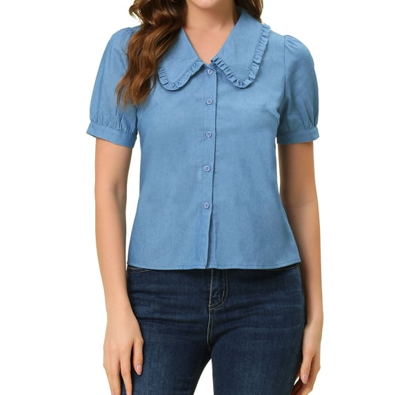 MODA NOVA Juniors Peter Pan Collar Puff Short Sleeve Button Chambray Shirt Light Blue S