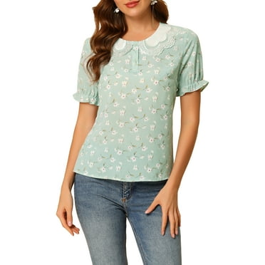 MODA NOVA Juniors Peter Pan Collar Ruffled Bubble Short Sleeve Floral Blouse