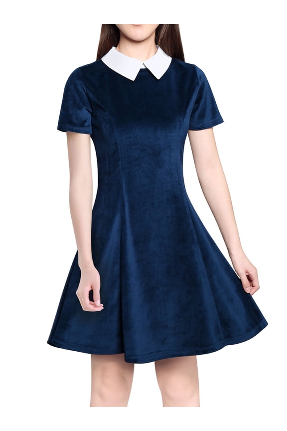 Juniors Peter Pan Contrast Collar Short Sleeves Flare Dress M Blue