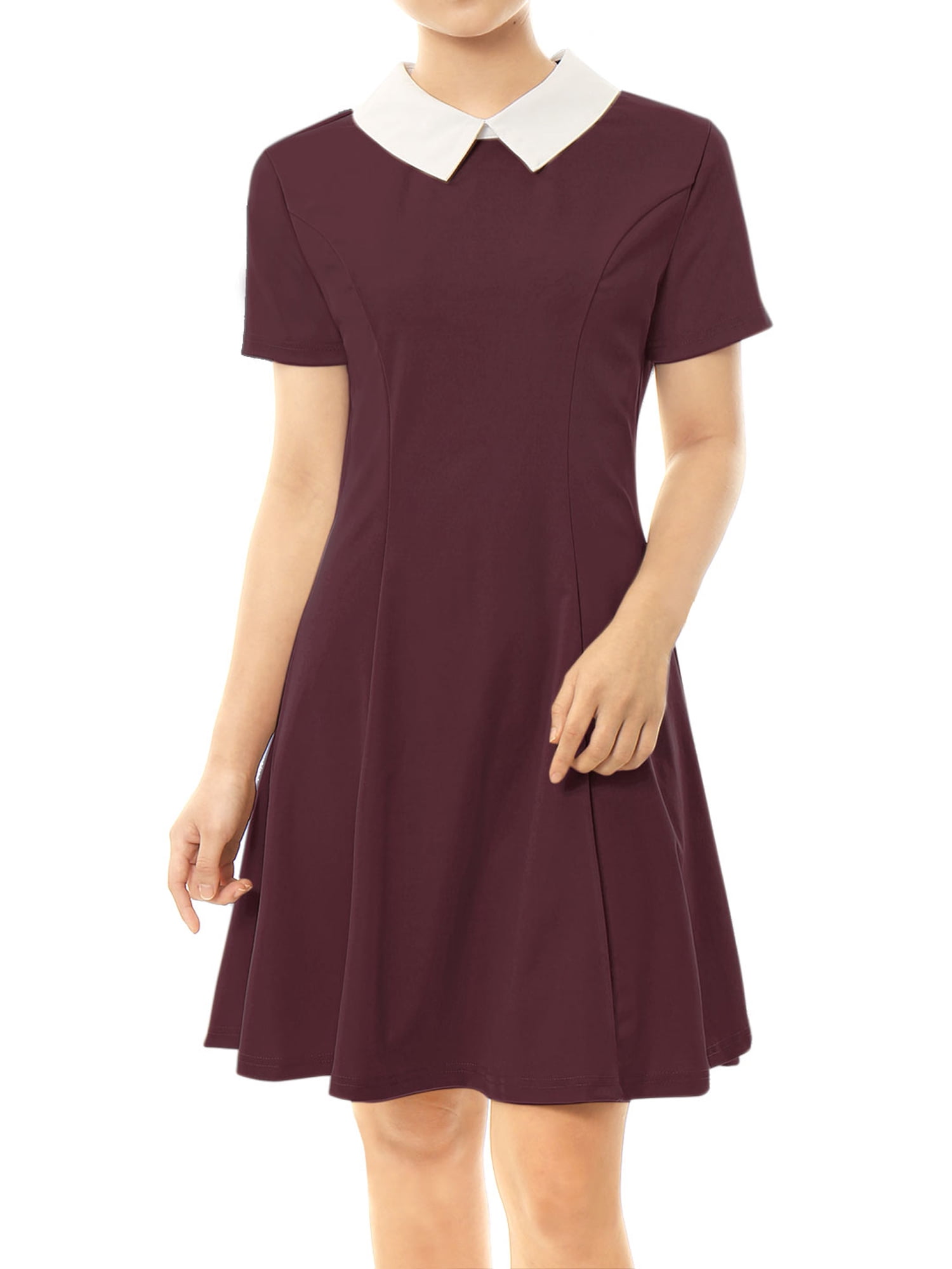 Moda Nova Juniors Peter Pan Contrast Collar Short Sleeves Flare Dress M Burgundy