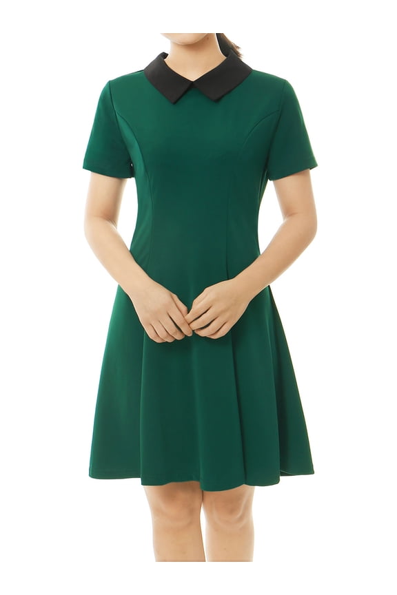 Juniors Peter Pan Contrast Collar Short Sleeves Flare Dress M Green