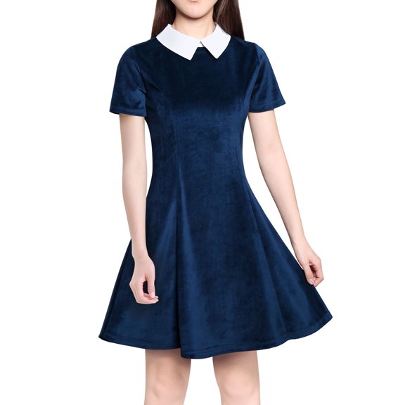 MODA NOVA Juniors Peter Pan Contrast Collar Short Sleeves Flare Dress S Blue