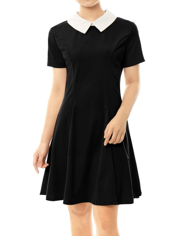 Juniors Peter Pan Contrast Collar Short Sleeves Flare Dress XS Black