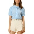 thumbnail image 1 of MODA NOVA Juniors Plaid Button Down Puff Short Sleeve Peter Pan Collar Shirt Light Blue XS, 1 of 6