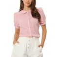 thumbnail image 1 of MODA NOVA Juniors Plaid Button Down Puff Short Sleeve Peter Pan Collar Shirt Pink M, 1 of 5
