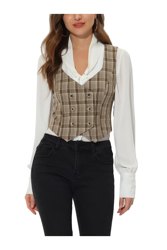 Juniors Plaid Double Breasted Cinched Waist Racerback Suit Vest Brown S