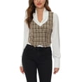 thumbnail image 1 of MODA NOVA Juniors Plaid Double Breasted Cinched Waist Racerback Suit Vest Brown XS, 1 of 4