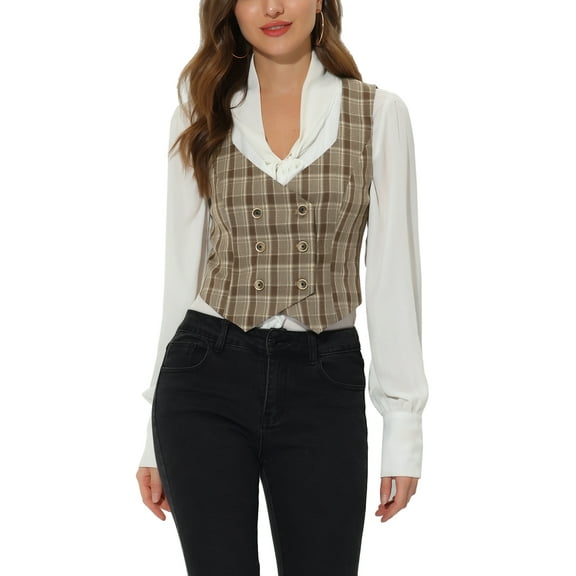 MODA NOVA Juniors Plaid Double Breasted Cinched Waist Racerback Suit Vest Brown XS