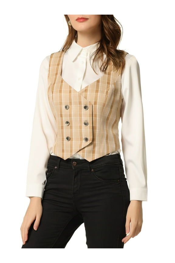 Juniors Plaid Double Breasted Cinched Waist Racerback Suit Vest Khaki L