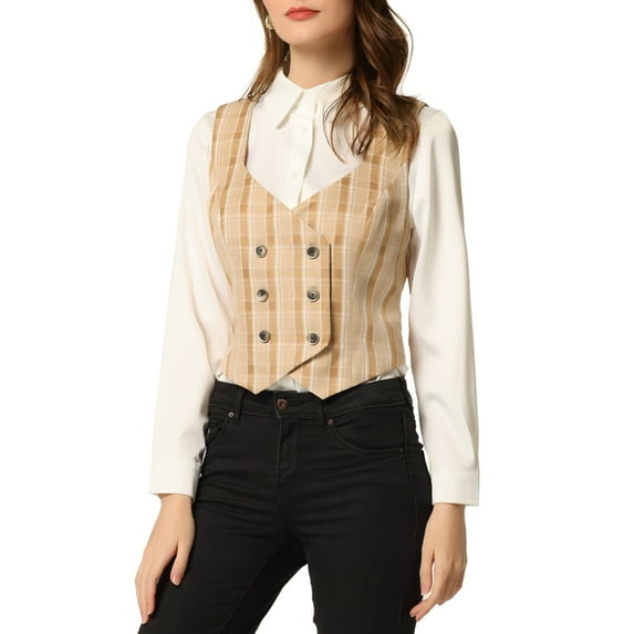 MODA NOVA Juniors Plaid Double Breasted Cinched Waist Racerback Suit Vest Khaki XS