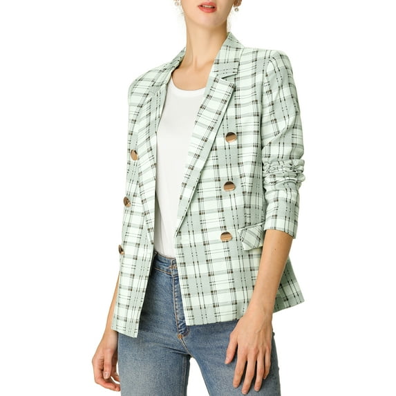 MODA NOVA Juniors Plaid Double Breasted Notched Lapel Blazer Jackets